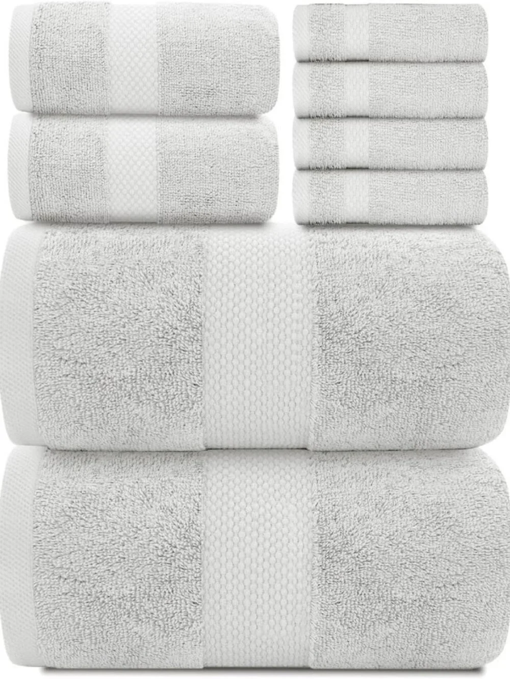 Luxury White Bath Towel Set of 8 - Soft 100% Turkish Cotton, Quick-Dry